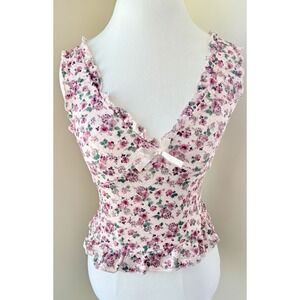 Coquette Ditsy Floral Lace Peplum Tank Fairycore Cottagecore Vintage Ballet Y2K